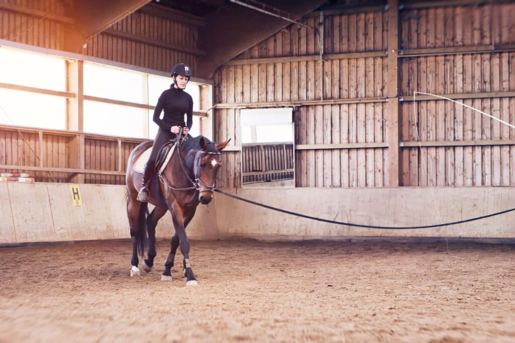 A person rides a horse and is secured by a leash to another person