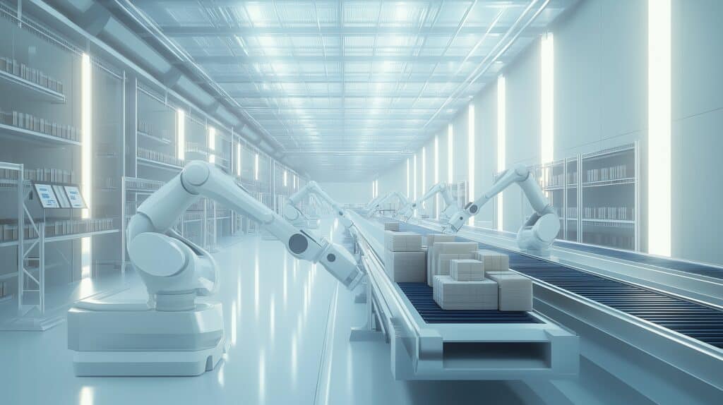 Moderne Palettierer in automatisierter Fertigungshalle – zeigt den Einsatz von Robotik und KI für effiziente Verpackung und Logistikabläufe.