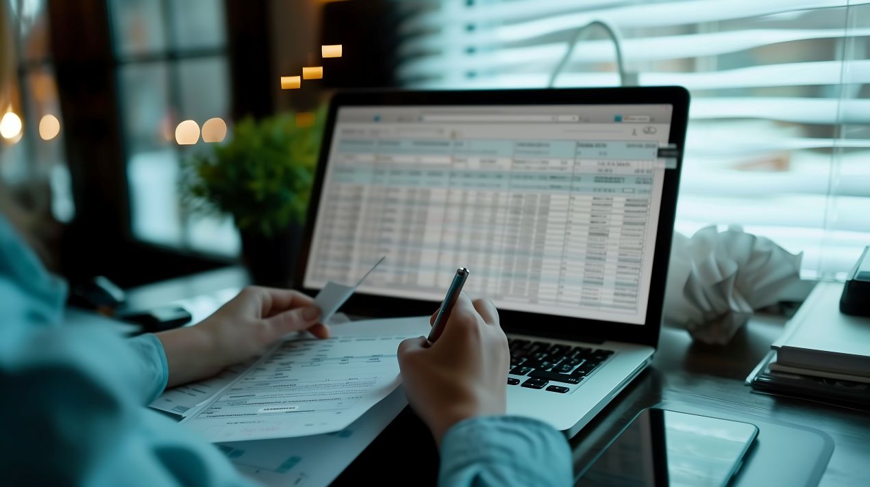 Person arbeitet im Lohnbüro mit Gehaltsdaten am Laptop und Belegen