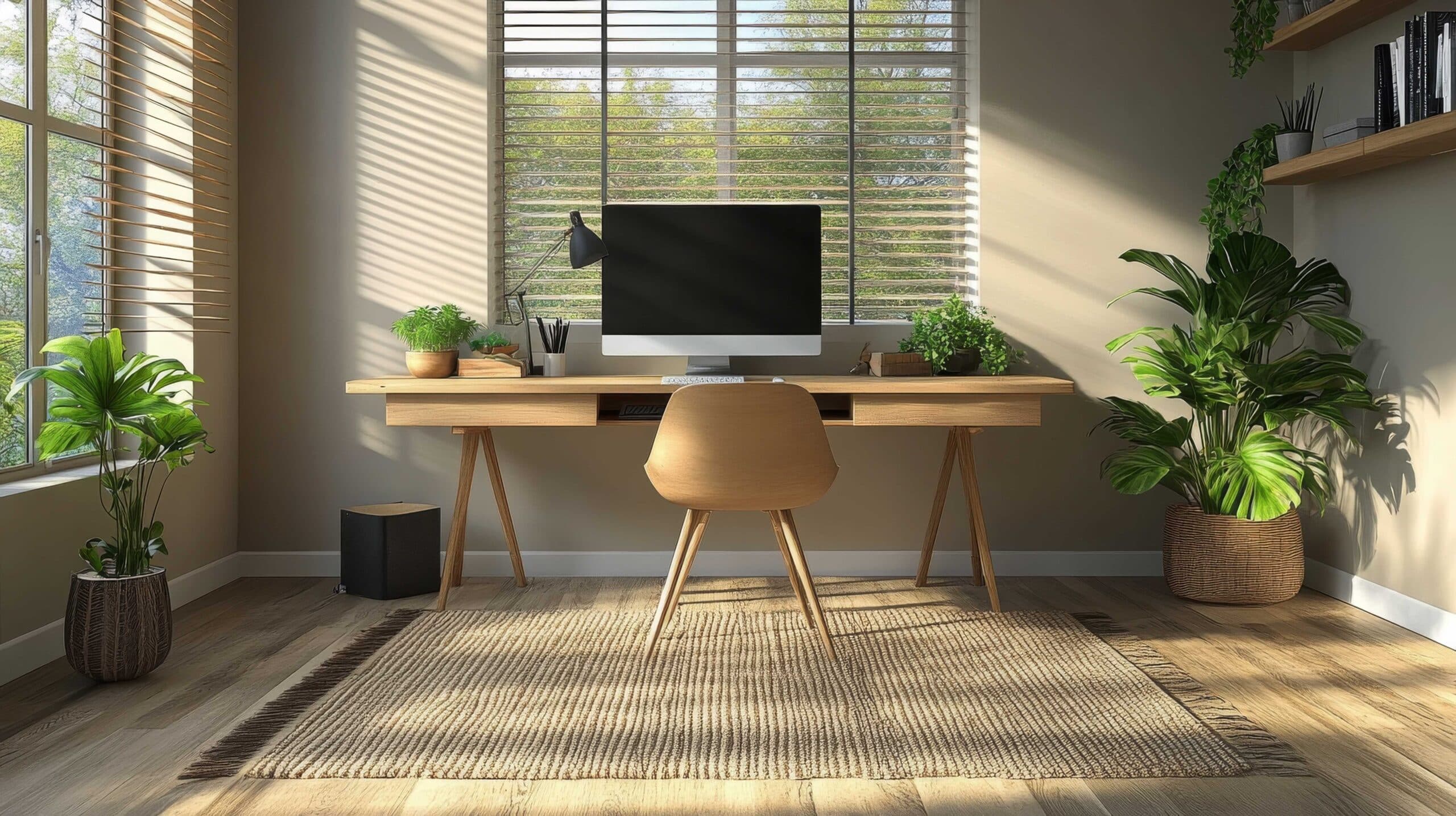 Stilvolles Homeoffice mit einem Schreibtisch, einem Computer und üppigen Pflanzen in einem sonnigen Raum
